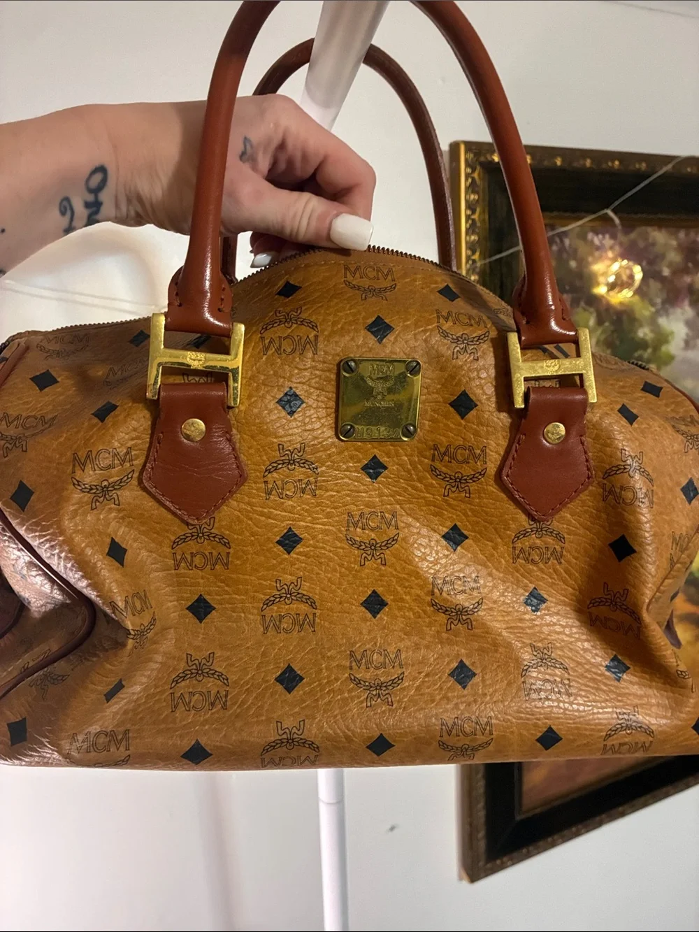 MCM Visetos Tote Satchel in Cognac and Dark Brown with Gold Hardware